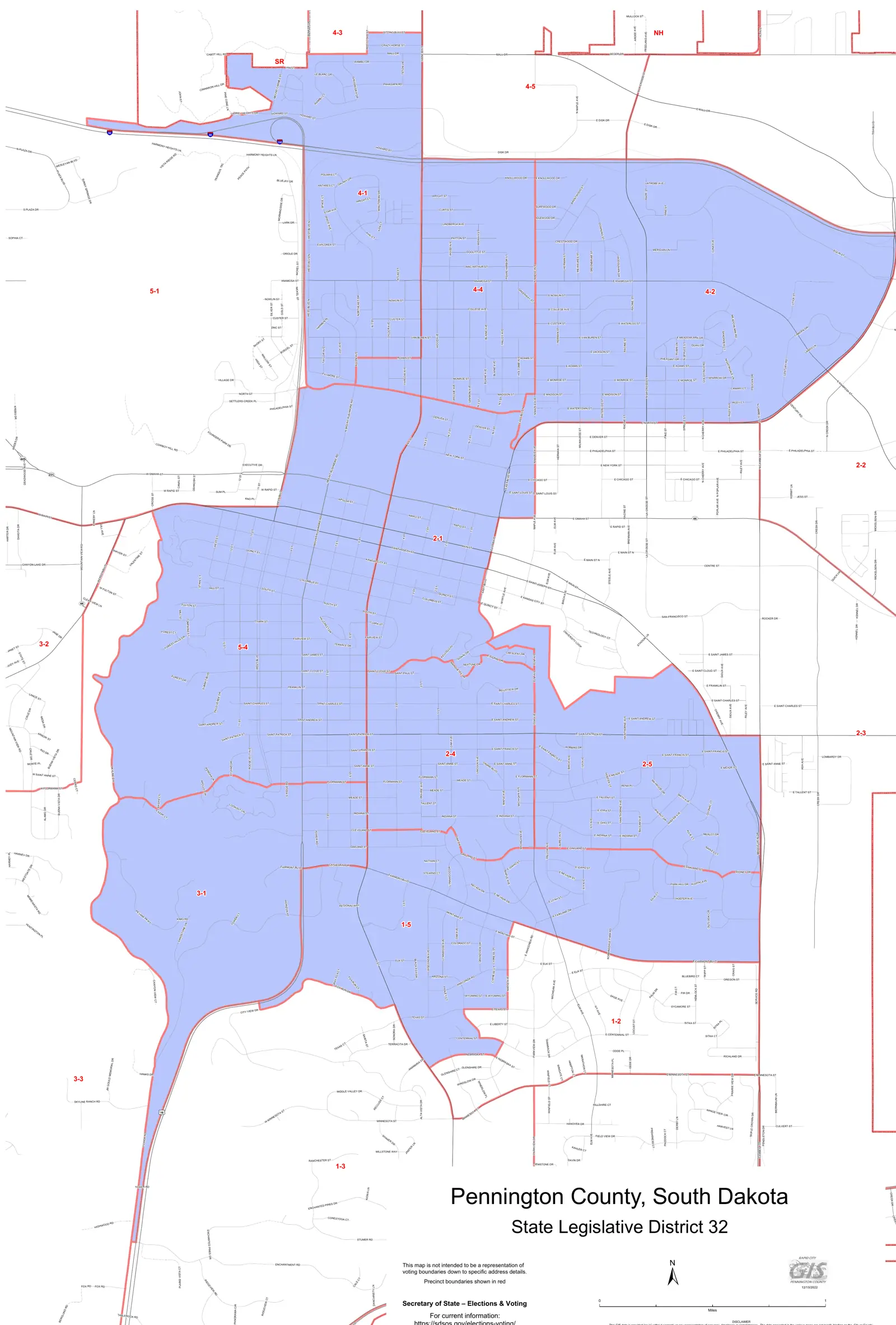 Map of South Dakota House District 32 in Pennington County: downtown Rapid City and North Rapid, shaded, with precinct boundaries in red